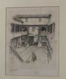Cecil Aldin (1870-1935), colour print, Tavern courtyard, signed in pencil, 44 x 36cm